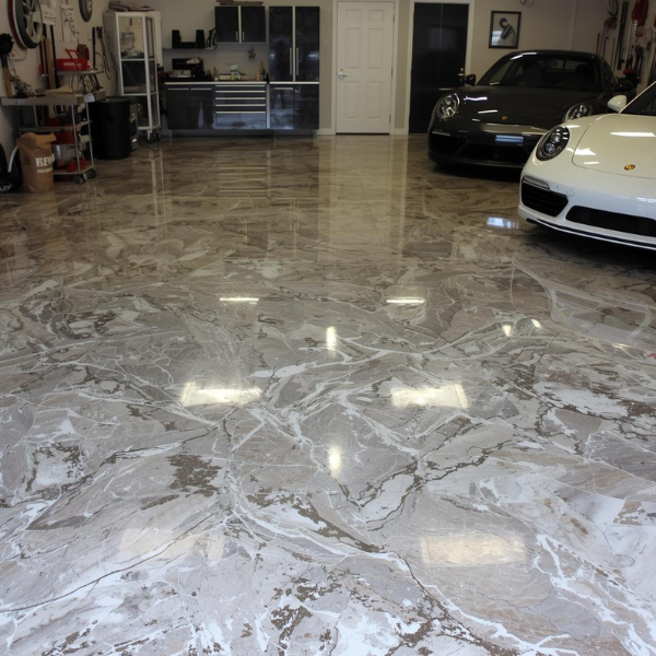 High-end metallic epoxy floor coating in a Essendon residential garage, ideal for classic car enthusiasts.