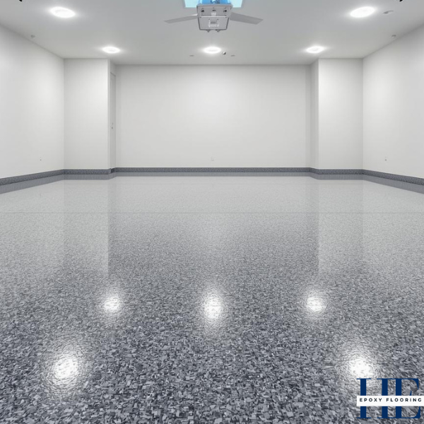 Finished premium epoxy flake floor in a renovated Essendon garage.