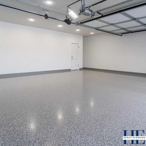 Finished decorative flake epoxy garage floor in a modern Avondale Heights residence.