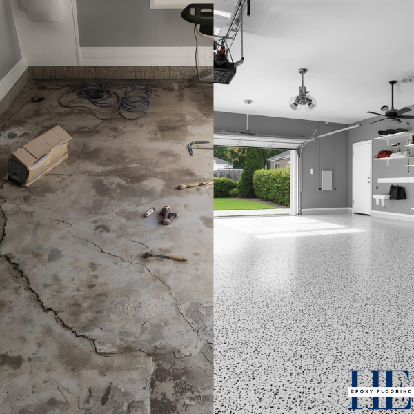 Before and after of a seamless epoxy flake garage floor installation in a Sunshine home, covering old, cracked concrete.