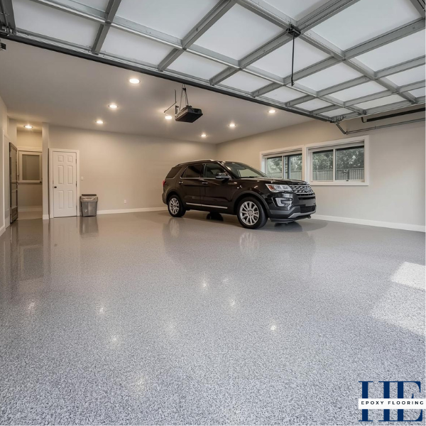 Completed full flake epoxy garage floor in a modern Taylors Lakes home, showing seamless finish.