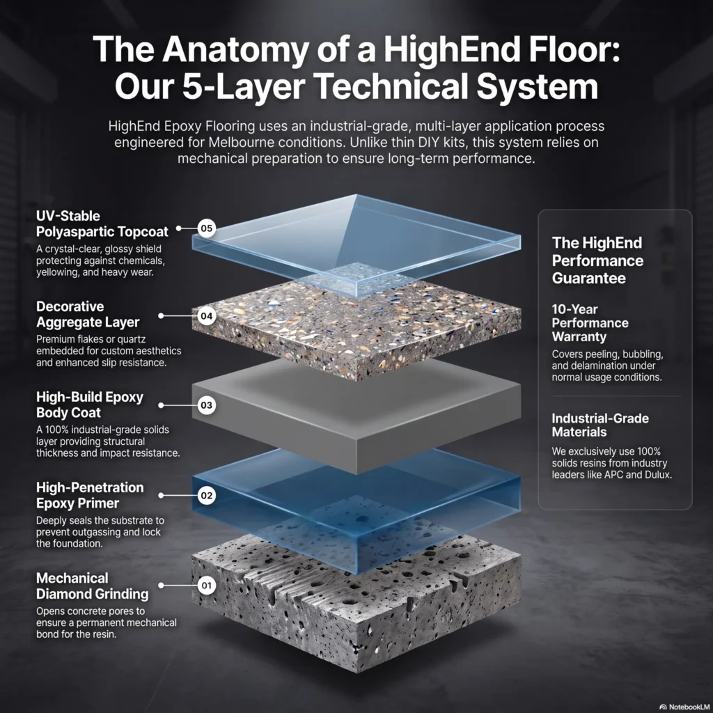 5-step epoxy flooring process diagram for Melbourne homes and commercial floors