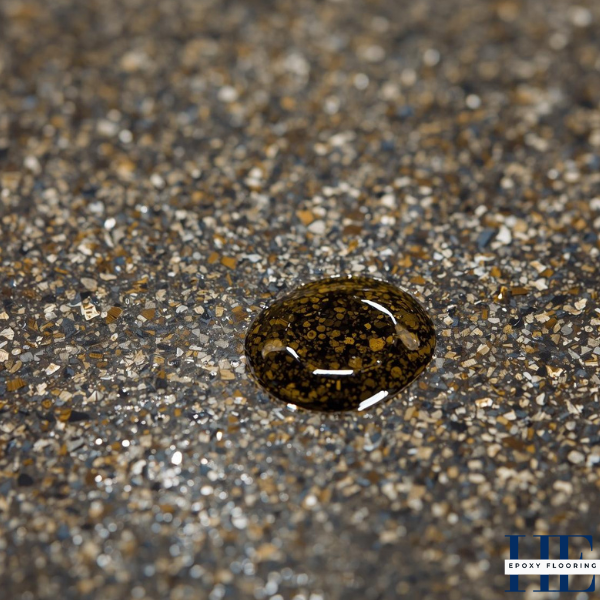 Close-up of glossy epoxy flake floor resisting spilled oil or chemical fluid.