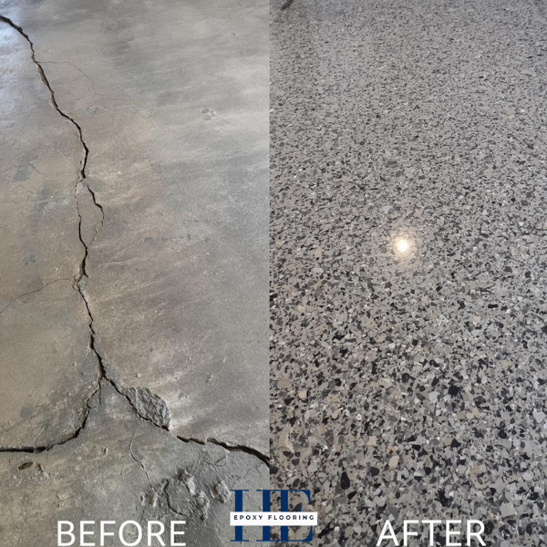 Close-up of durable, anti-slip epoxy flake flooring with grey and black chips, perfect for a Sunshine garage