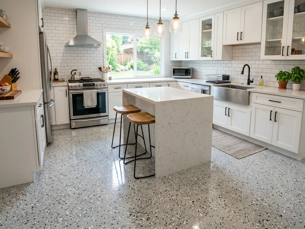 Slip-resistant epoxy kitchen floor installed in a Melbourne residential kitchen – seamless, hygienic, and easy to maintain.