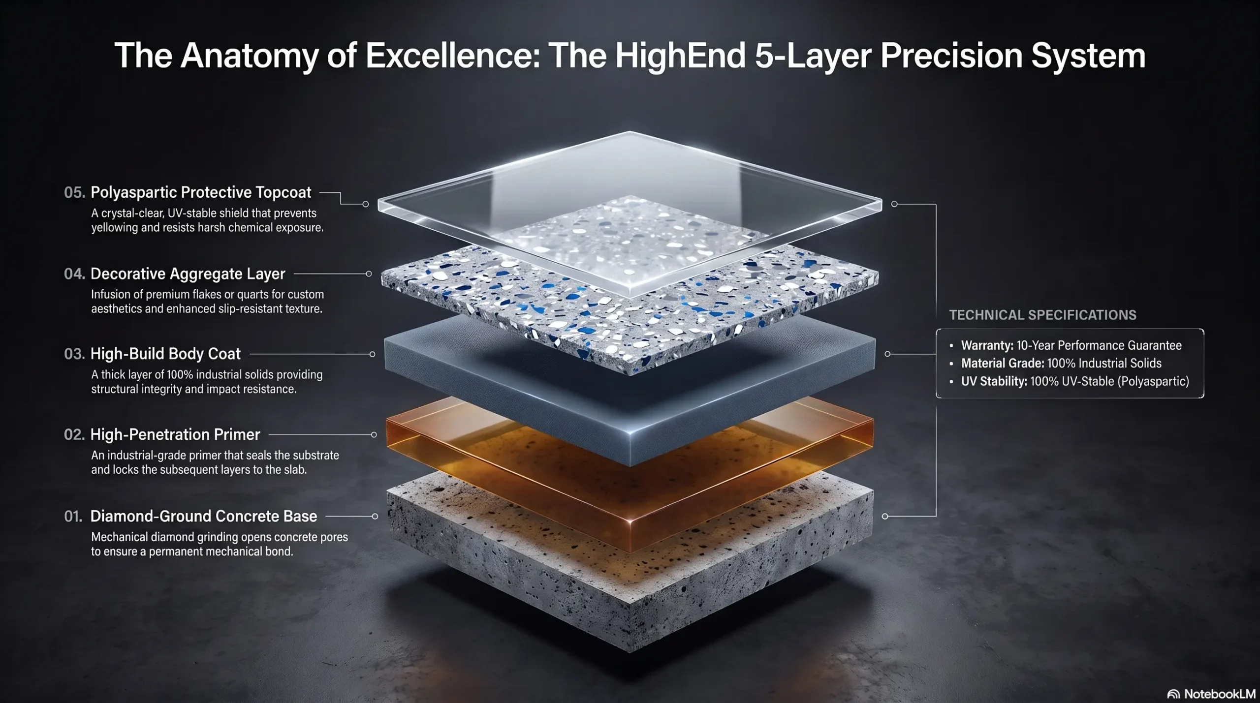 Exploded view of a 5-step epoxy flooring installation process with primer, body coat, and polyaspartic topcoat