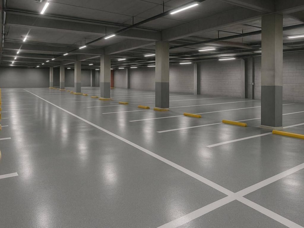 Melbourne carpark with epoxy flooring — heavy-duty, chemical-resistant, and line-marking friendly surface.