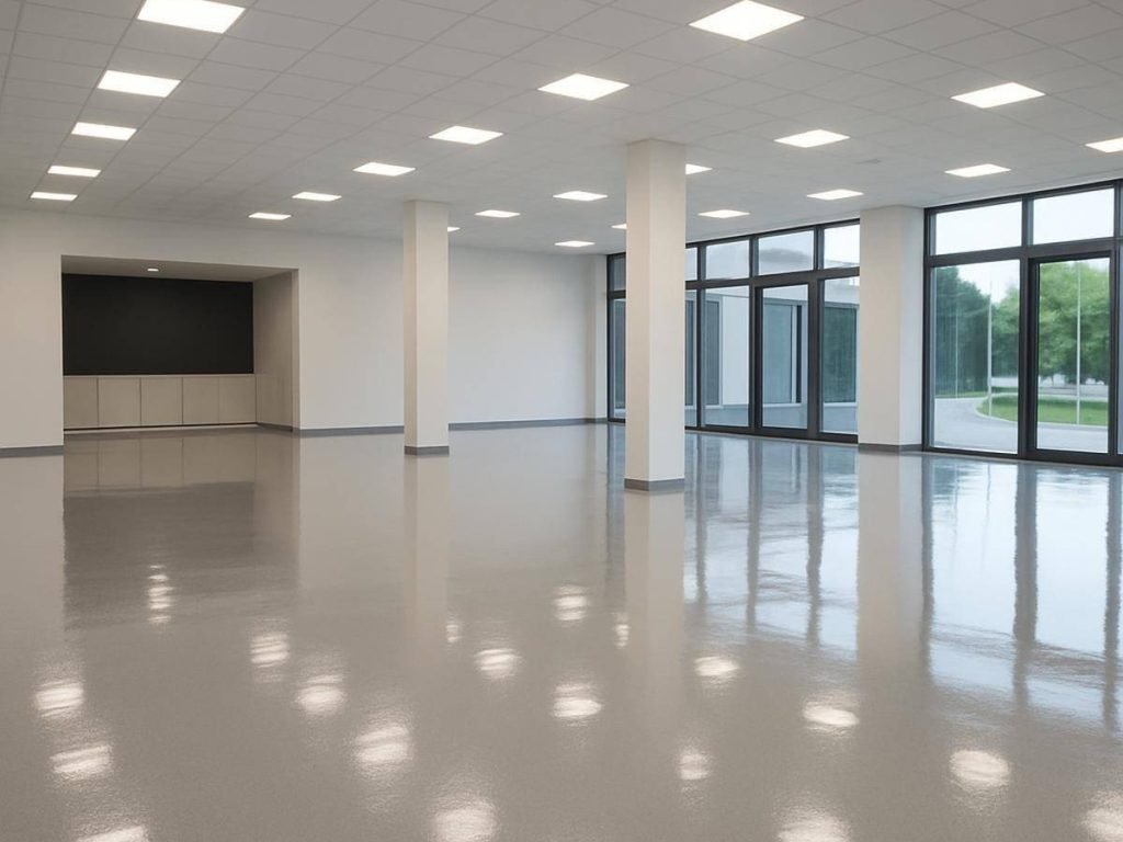Glossy epoxy flooring in a Melbourne showroom – durable, reflective, and stylish finish ideal for commercial display spaces.